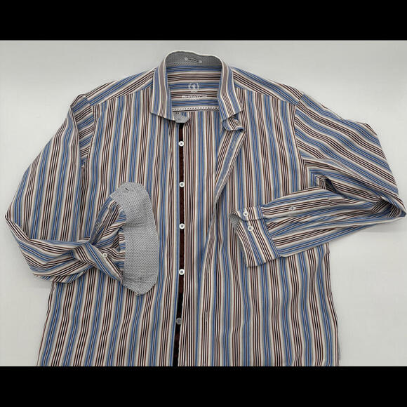 Bugatchi Shaped Fit Men’s Dress Shirt Striped With Accent Fabric InsideCuffs M - Picture 3 of 9